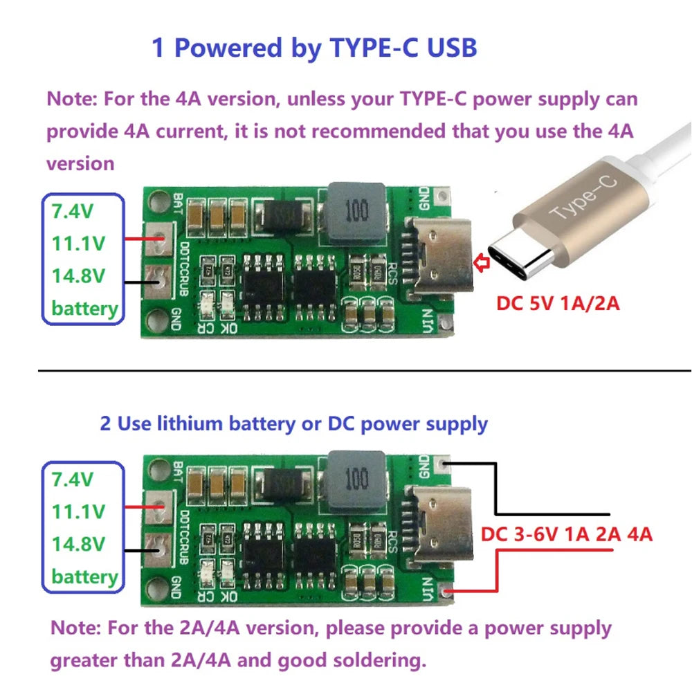 Type C BMS 2S 3S 4S 1A 2A 4A 18650 Lithium Battery Charger Board USB C Step-up Boost Module For Li-Po Polymer Power Bank
