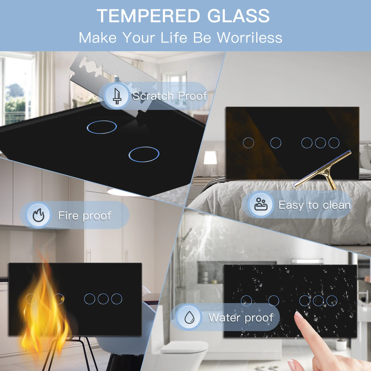 BSEED Touch Switches 1/2/3Gang 1Way Wall Light Switches Blue LED Backlight Glass Sensor Screen Home Switches Black EU Standard