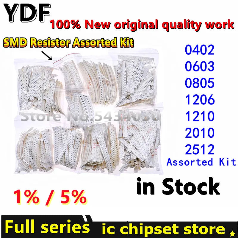 (50-4000pcs) 100% New 0402 0603 0805 1206 1210 2010 2512 SMD Resistor Assorted Kit 1K 1R 0R-910R 1K-910K 1M-10M Resistance 1% 5%