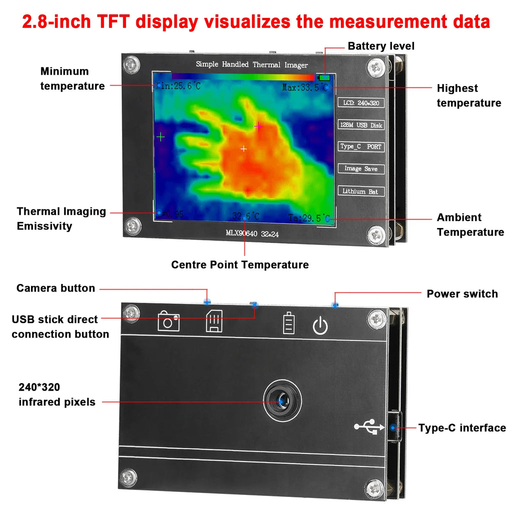 Infrared camera,MLX90640 digital infrared camera, portable thermal camera,2.8 inch LCD display,built-in battery, high precision.
