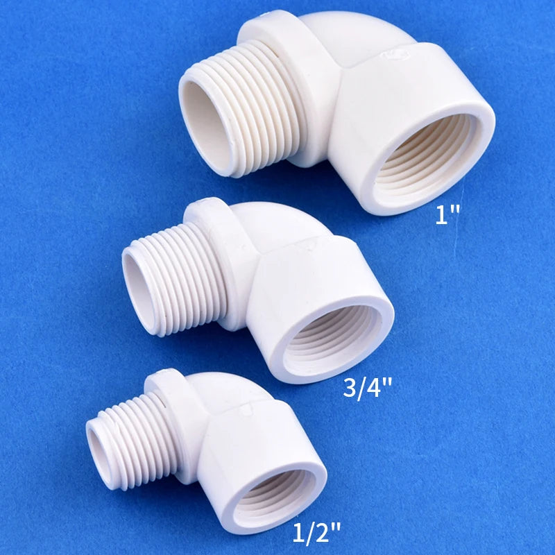 1/2" 3/4" 1" White PVC 90° Elbow Connector Female-Male Thread Garden Irrigation Supply Pipe Joint Aquarium Fish Tank DIY Tools