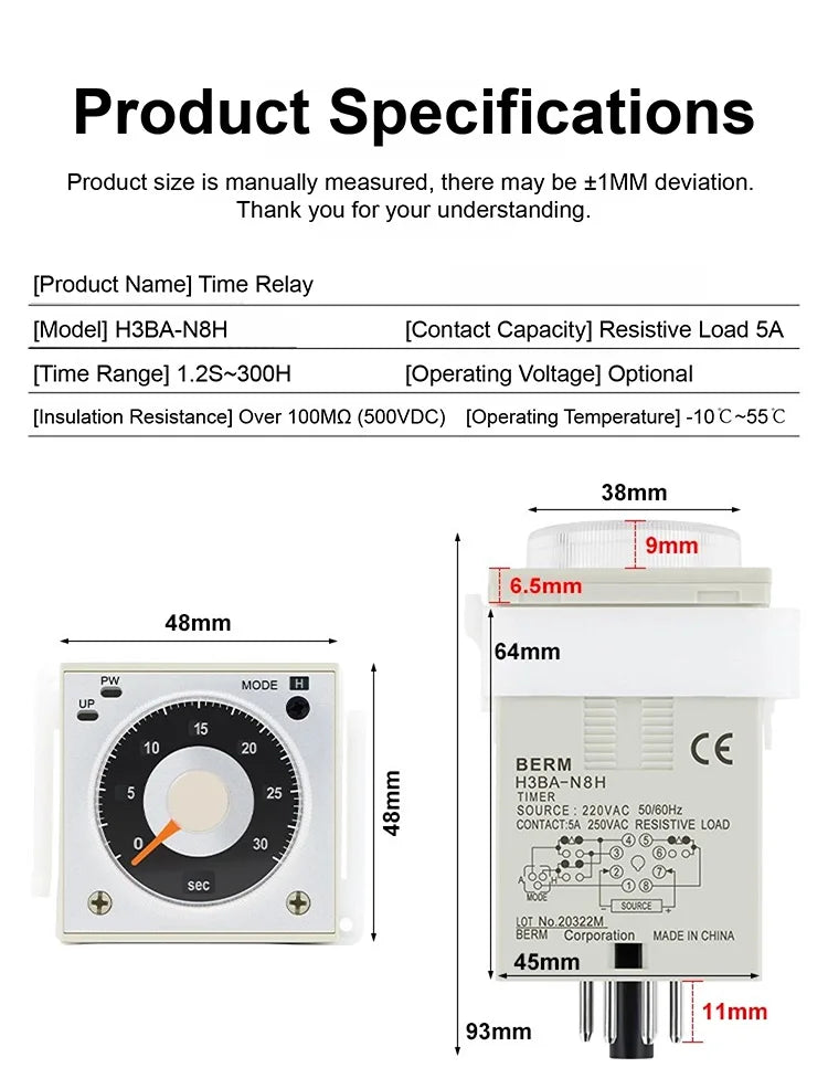 H3BA-N8H Industrial Timer Relay Solid State Time Delay Relay 1.2s‑300h AC 220V DC 24V Adjustable Analog Panel Mount Timer