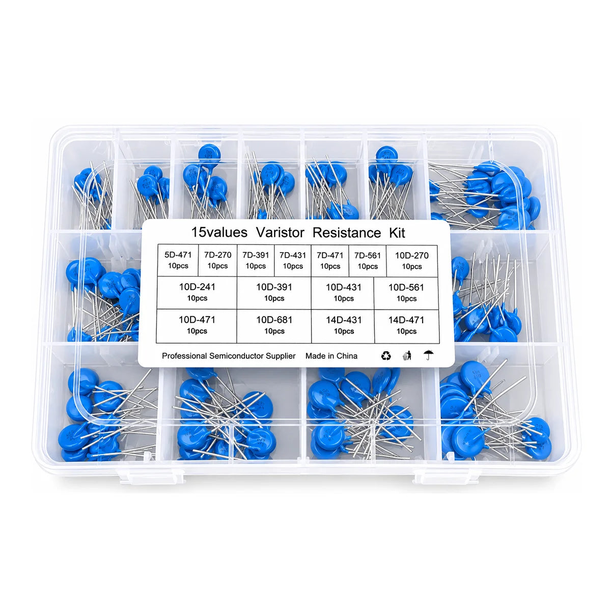 150PCS Varistor Assortment Kit 15 Values MOV Voltage Dependent Resistor 5D 7D 10D 14D Sample Box
