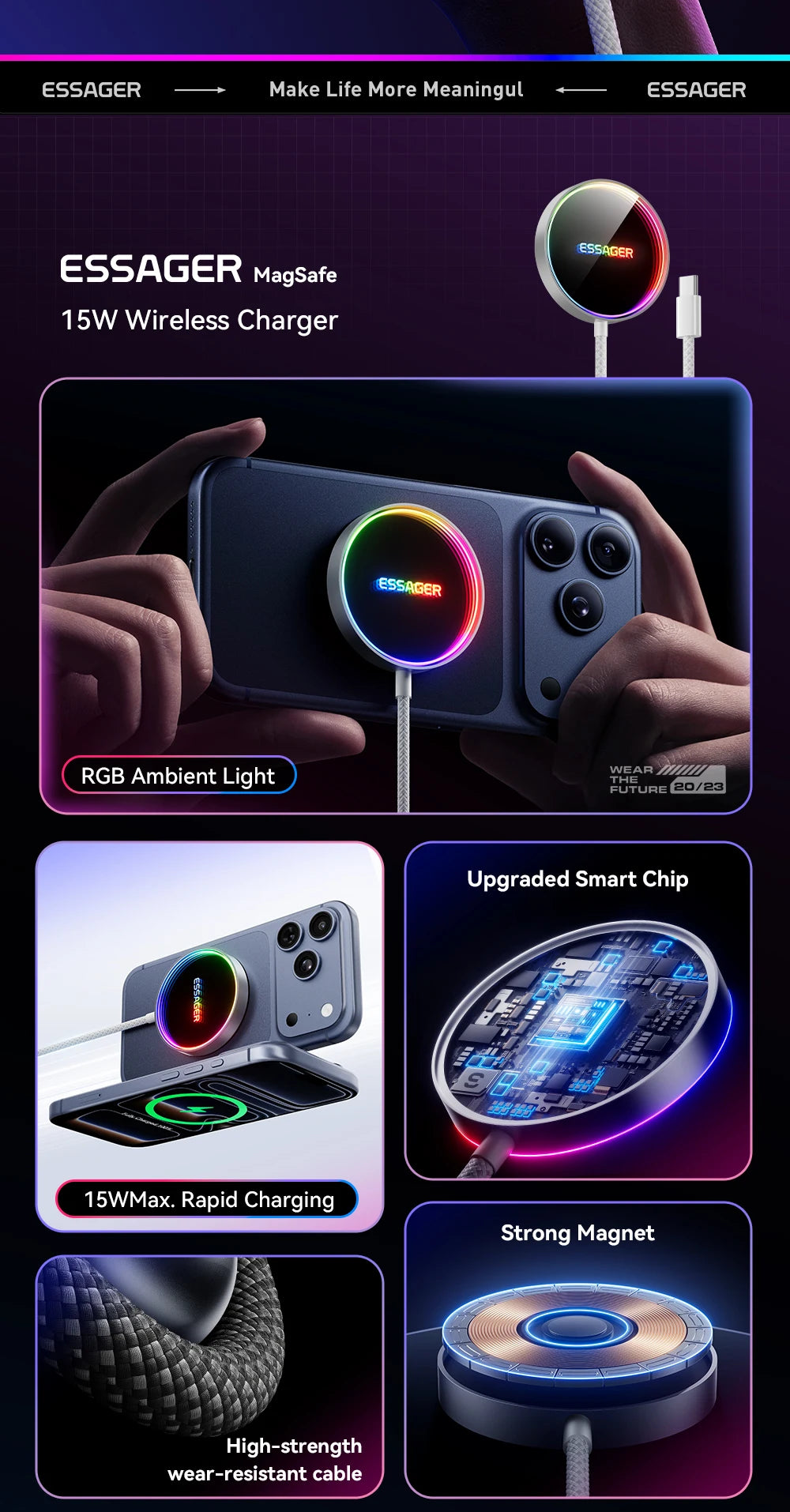 ESSAGER 15W Magnetic Wireless Chargers Qi Qi2 Wireless Charger Fast Charging Pad for iPhone 17 16 15 14 Mini Phone Charger