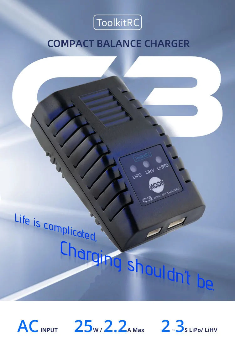 ToolkitRC C3 Balance Charger 2S 3S 25W LiPo LiHv RC Model Simple Universal Charger for FPV RC Model