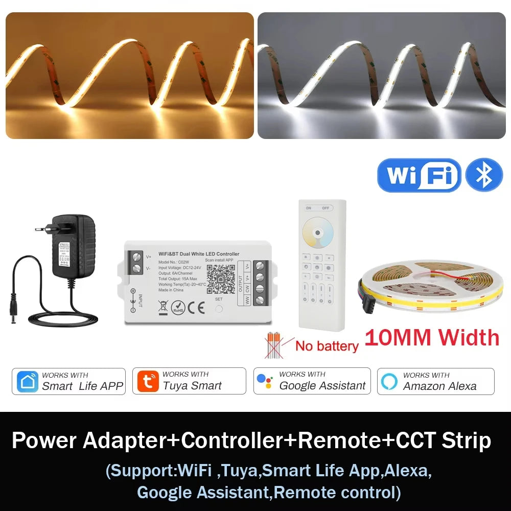 1-10M CCT 2700K-6500K Dimmable LED Strip 5mm 10mm COB LED Strip Light CCT Strip Tuya WiFi Controller Linear LED Tape With Dimmer