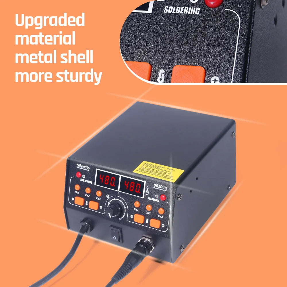 Silverflo 902D-III Soldering Station 2 in 1 Hot Air Soldering Station Rework Station with 3 Preset Channels for SMD PCB Repair