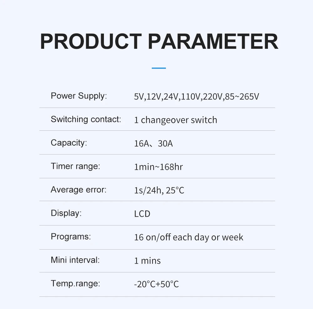 TOMZN AC 220V 230V 12V 24V 48V 16A 1NO 1NC Din Rail Single Phase Weekly 7 Days Programmable Digital TIME SWITCH Relay Timer