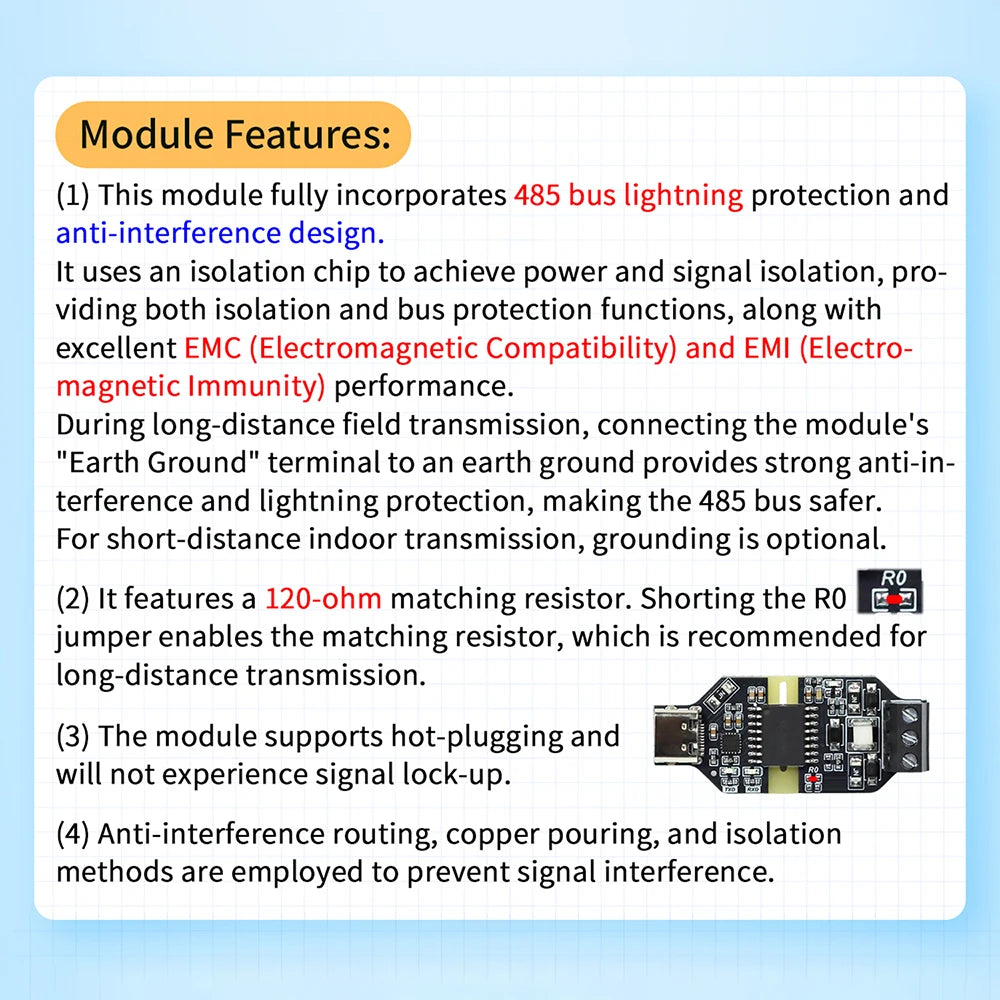 CH343P module 6Mbps USB to RS485 Isolated Converter Industrial Grade Type-C Interface 16KV Isolation Dustproof USB to TTL serial