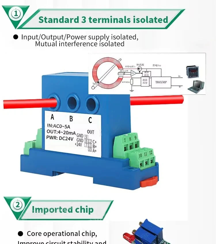 3 Phase Current Transmitter 4-20ma 0-5v 0-10v RS485 8mm Hole Three Phase Ampere Sensor Signal Transducer