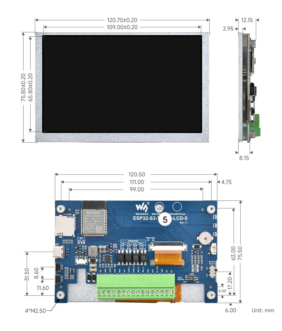 Waveshare ESP32-S3 5inch Capacitive Touch Display Development Board, 5-Point, 32-Bit LX7 Dual-Core Processor, ESP32 With Display