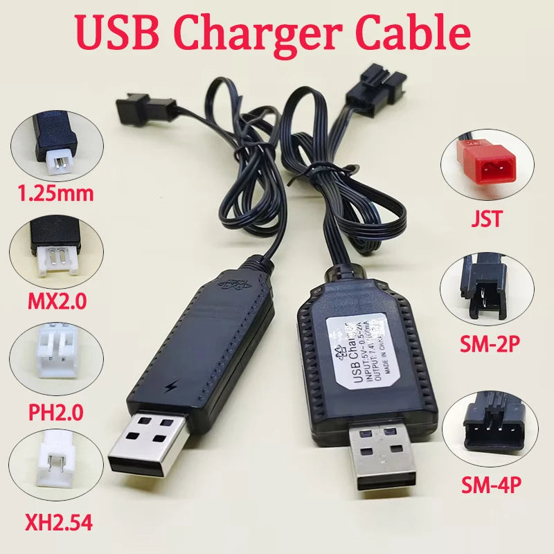 1PC 3.7V/7.4V Lithium Battery USB Charging Cable With 1.25mm MX2.0 PH2.0 XH2.54 JST SM2P/4P Interface For Toy Remote Control Car