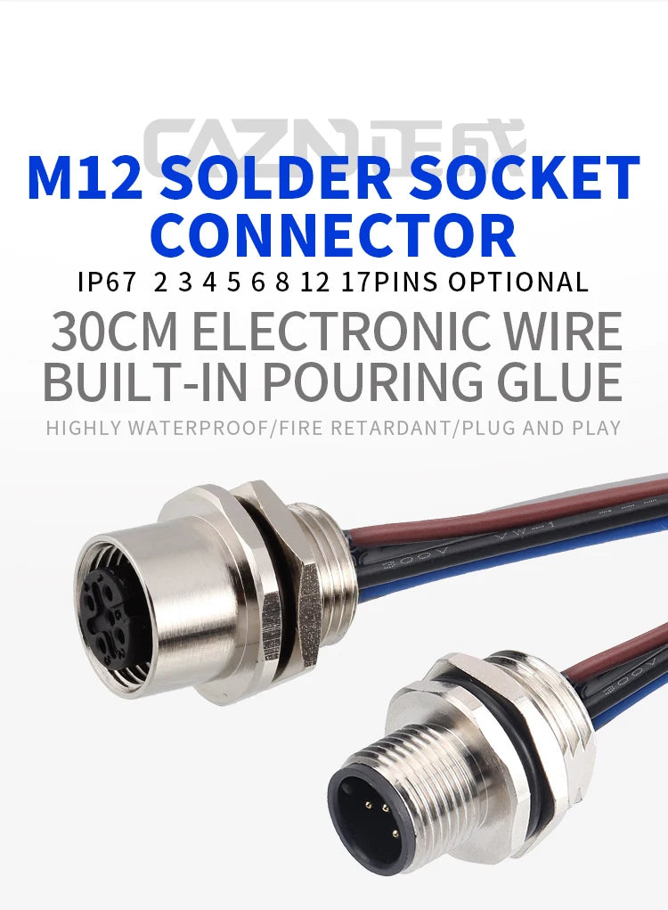 M12 Panel Male Female  Metal Front Mount Socket Solder 4 6 8 12 Pin Receptacle Straight Circular Connectors With 30cm Wires