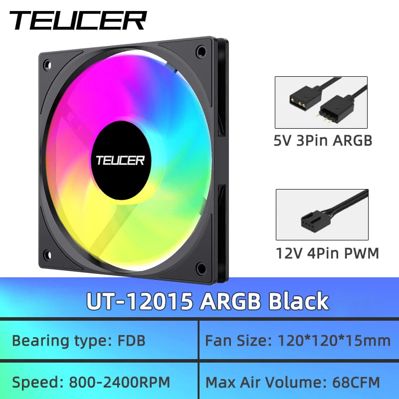 TEUCER UT-12015 120mm ARGB FDB Bearing Slim Cooling Fan High-Performance PC Case Fan for CPU Cooling and PC Builds