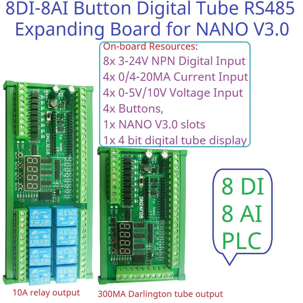 Arduino NANO V3.0 IO Board DC12V/24V RS485 8CH Relay 4-20mA 0-10V Analog Input Opto Isolated Simple PLC Timer Module