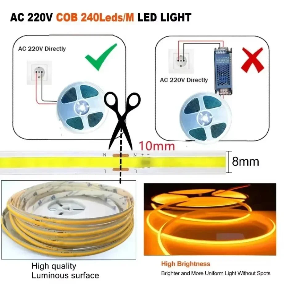 220V COB LED Strip 0.5M-10M Flexible Tape Light Smart IC No Need Driver High Bright 240 LEDs Linear Lighting RA95 Warm Ice Blue
