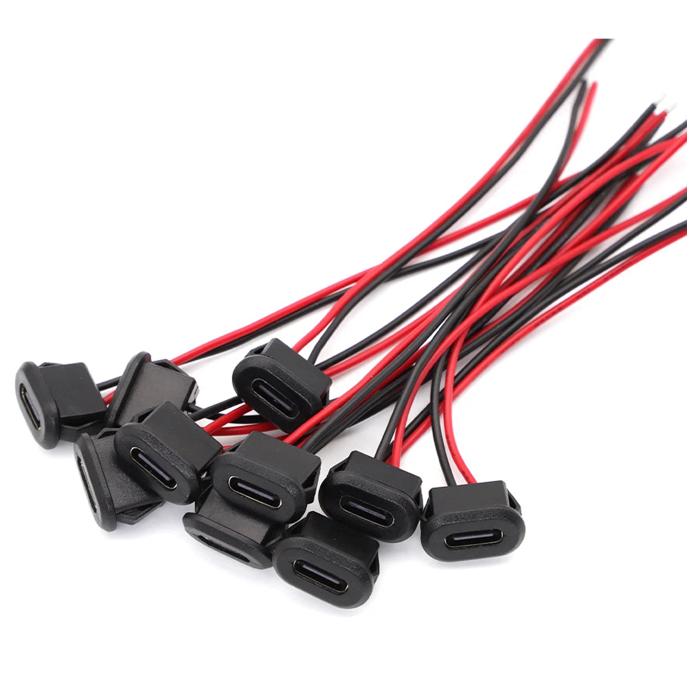 10PCS Type-C Female Chassis 2Pin Connector Waterproof Type-C Female Socket Fast Charging Port USB-C 2P Pigtail Cable DIY