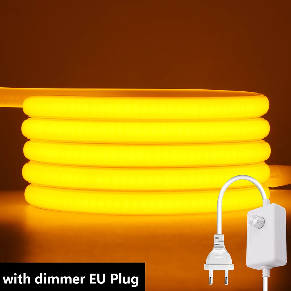 Dimmable 220V COB LED Light With Dimmer EU Power Kit Neon Strip 288Leds/M Waterproof Garden Room Home Bar Lighting Flexible Lamp