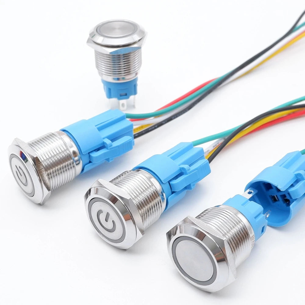 16mm 19mm 22mm Metal Push Button Switch Led Backlit On Off Car Engine Power Start Stop Waterproof With Wire 1NO1NC 5V 12V 220V