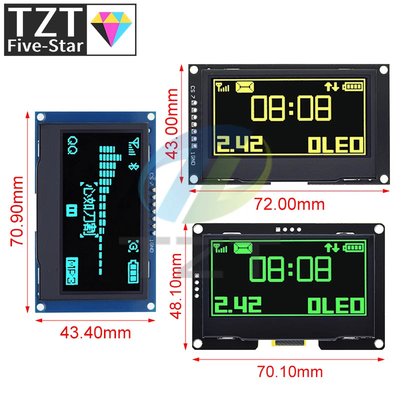 TZT 2.42" 2.42 inch LCD Screen White  Yellow 128x64 OLED Display Module IIC I2C SPI Serial for C51 SPD0301