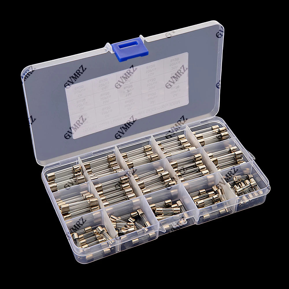 150PCS 0.25A-30A 15value 0.25A 0.5A 1A 2A 3A 5x20mm 6x30mm Glass Fuse Assorted Kit Box 5A 8A 10A 15A 20A 30A