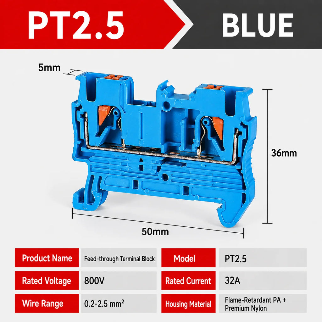 1-50Pcs PT2.5 Feed Through Terminal Block Push In Spring Connector 800V 32A 0.2-2.5mm2 DIN Rail NS35 Screwless Electrical Wiring