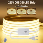 1M-50M 220V COB LED Strip Dimmable 360LEDs/m EU Plug Kitchen Home Room Decoration Flexible Ribbon for Outdoor Garden Lighting