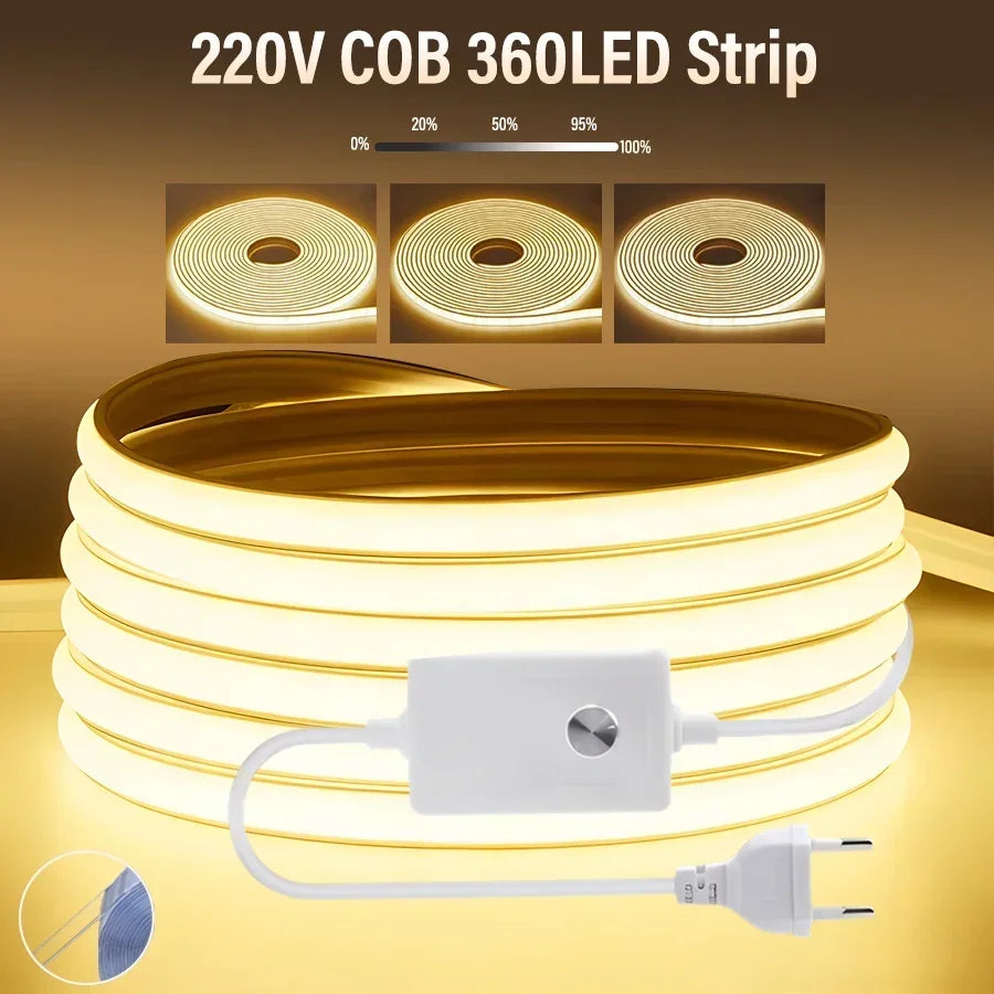 1M-50M 220V COB LED Strip Dimmable 360LEDs/m EU Plug Kitchen Home Room Decoration Flexible Ribbon for Outdoor Garden Lighting