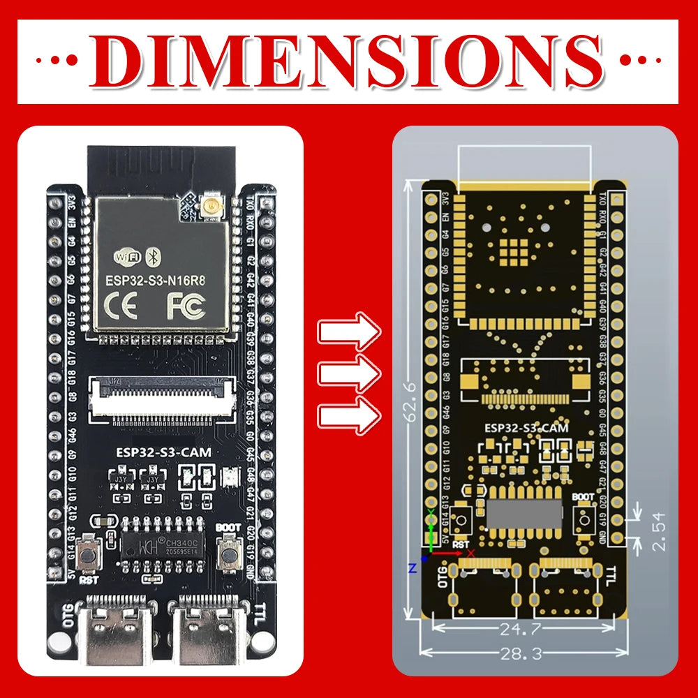 ESP32-S3 Development Board with 2.4G Extend Wifi Module for Camera Module OV2640 8MB PSRAM 16MB FLASH ESP32S3 N16R8 CAM Type-C