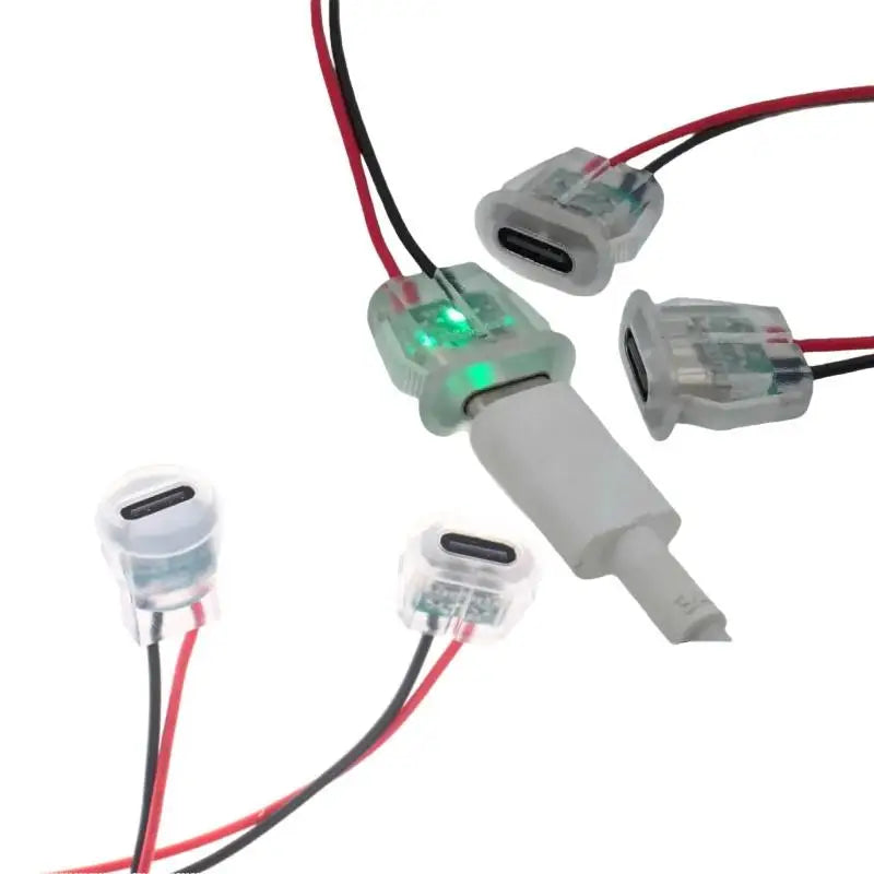 5/10Pcs Transparent 2Pin Waterproof USB-C Female Charging Socket With LED Light Type-C Power Input Connector
