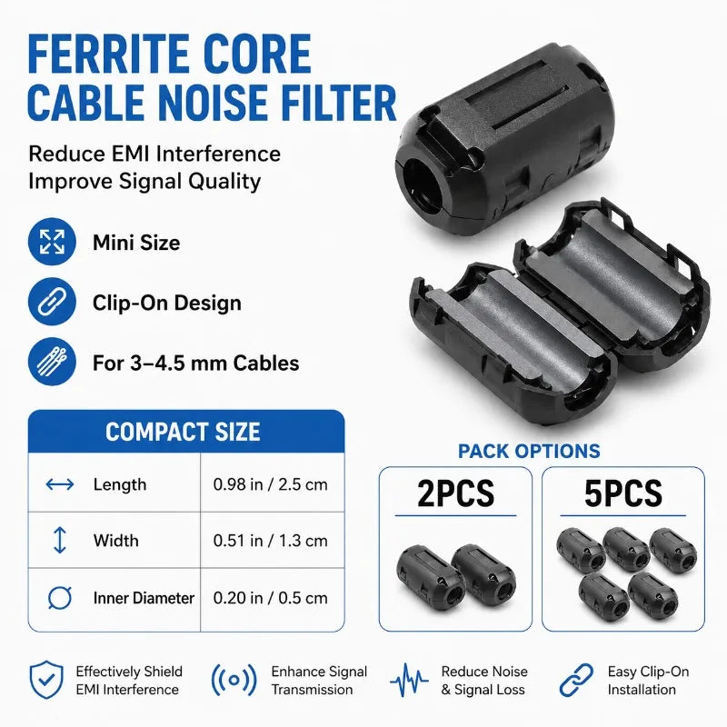 Mini 5mm Ferrite Core Noise Filter Clip-On Cable Ring EMI RFI Suppressor for Power Cord USB Audio Video Computer 2/5Pcs Cable
