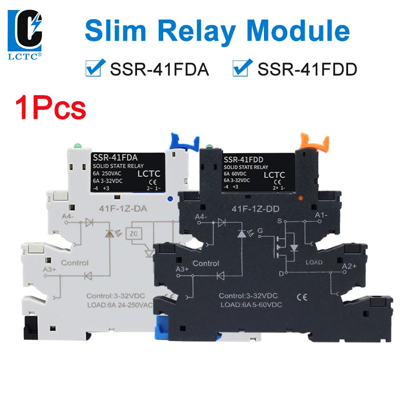 LCTC 1PCS SSR Solid State Relay DIN Rail Slim Relay Module SSR-41FDD SSR-41FDA DC To AC DC To DC 6A Non-contact Relay With LED