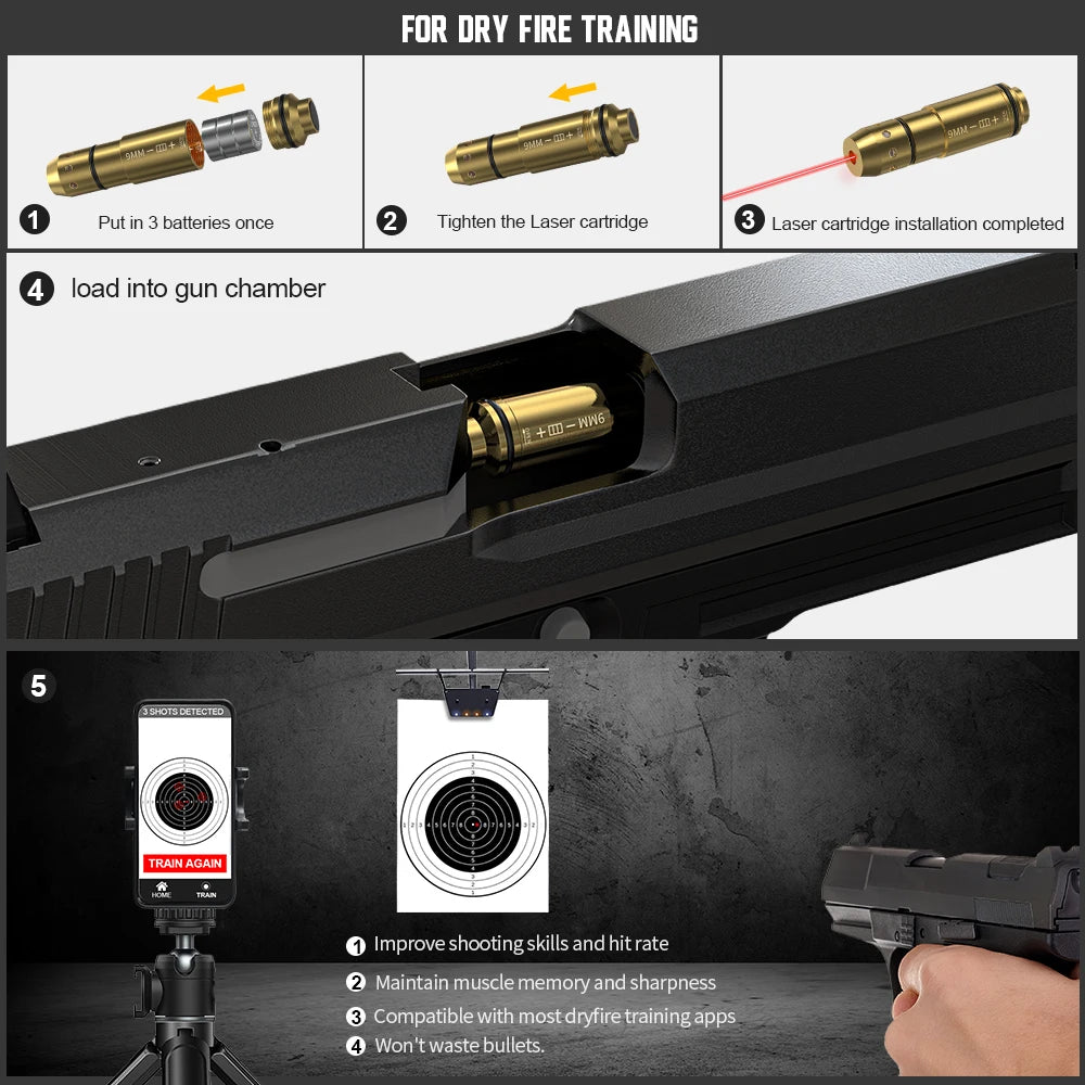 9mm/12GA/38SPL/223Rem/45ACP/357SIG/380ACP/Cal. 6.5mm/Cal44mag Dry Fire Laser Trainer - Hunting Accessories, Training Shooting