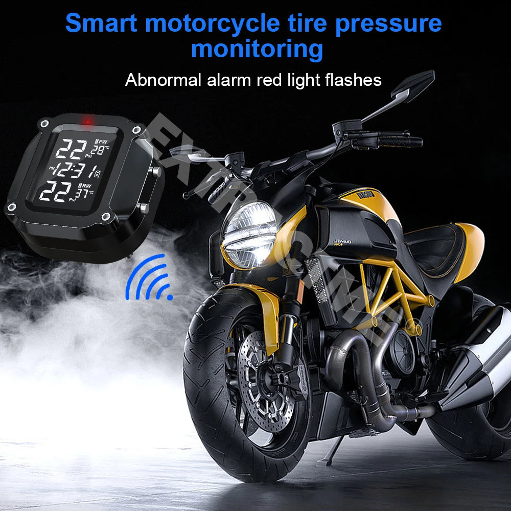 Extractme Tire Pressure Monitoring System Colorful Display Wireless TPMS Motorcycle Solar Charge Tyre Temperature Alarm Sensor