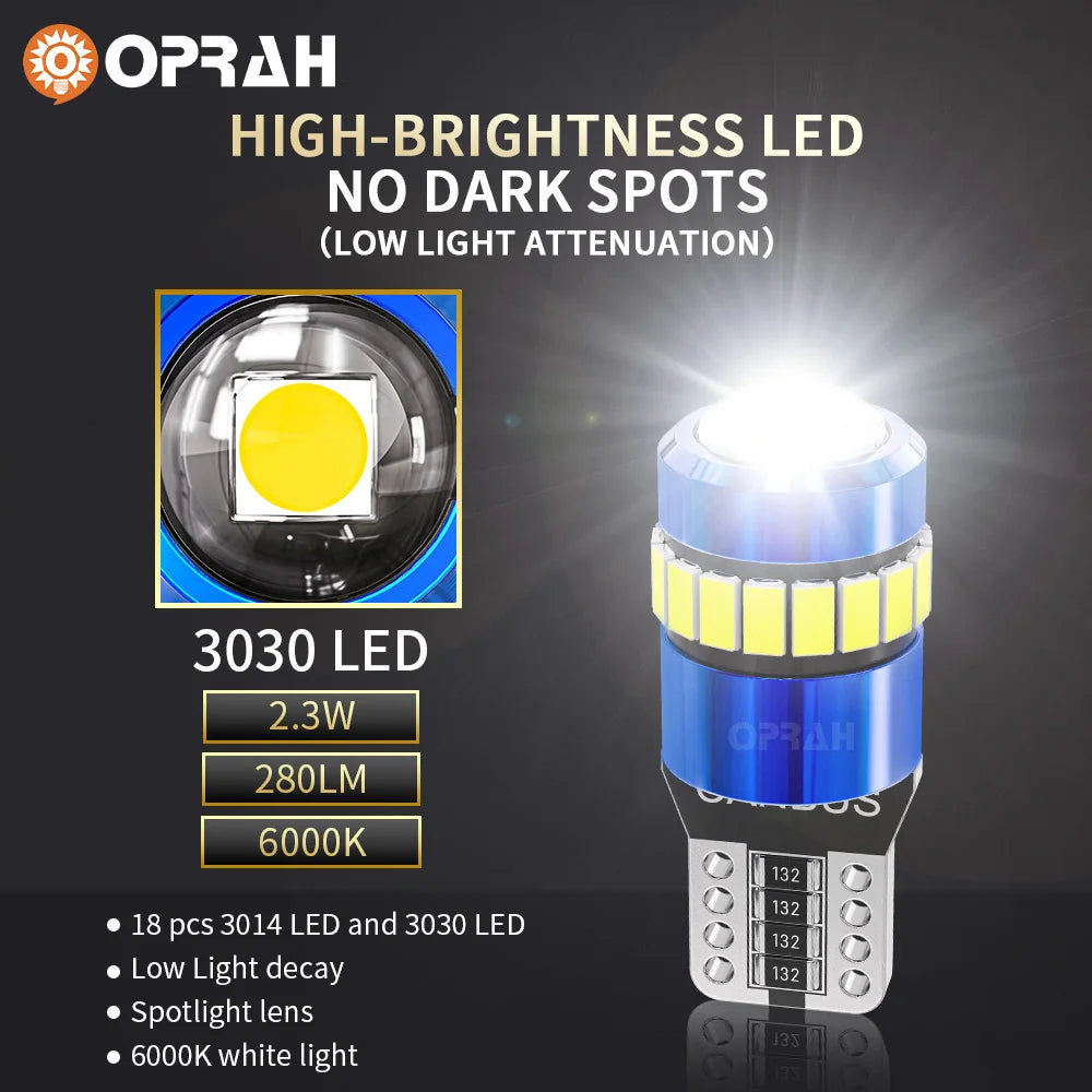 Oprah 2PCS W5W 3030 3014 SMD Car T10 LED 194 168 Wedge Replacement Reverse Instrument Panel Lamp White Bulbs For Clearance Light