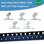 100PCS SMD LED Light Diode 0201 0402 0603 0805 1206 Red Blue Yellow Orange White Warm Pink White Green Purple