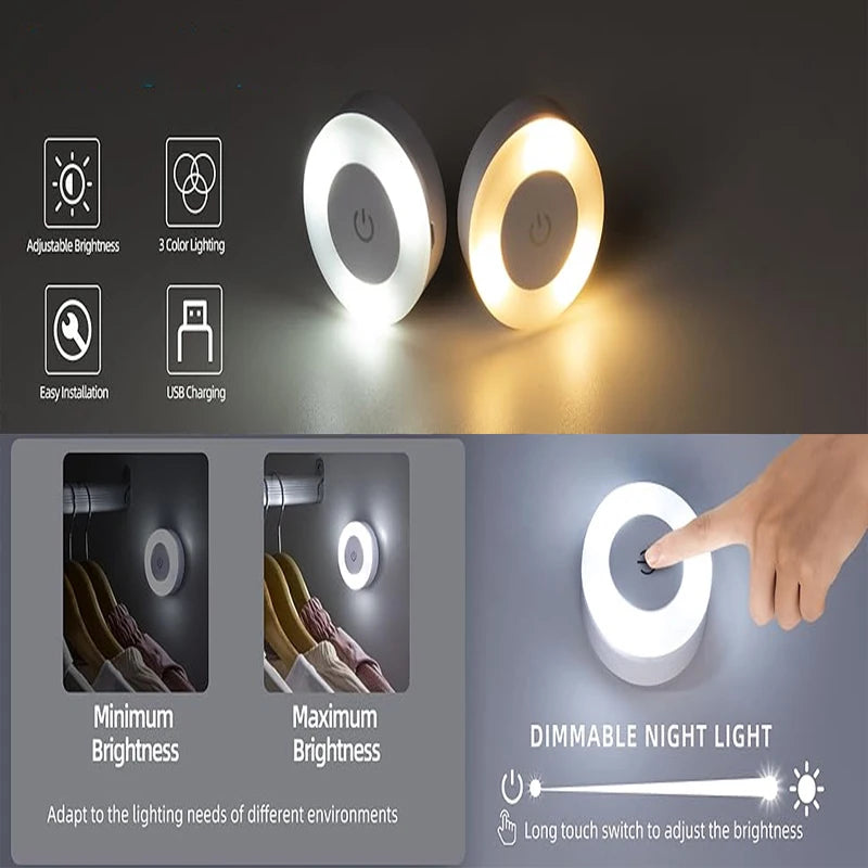 1-6Pcs Energy Saving LED Night Lights Touch Sensor 3 Color Dimmable Wall Night Lamp USB Rechargeable Magnetic Room Aisle Bedroom