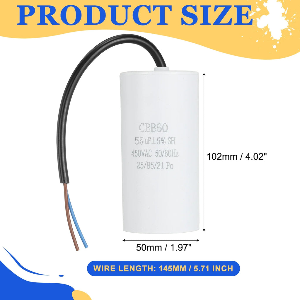 1Pcs CBB60 Run Capacitor 3uf-100uf 450V AC 2 Wires 50/60Hz Cylinder White for Air Compressor Water Pump Motor