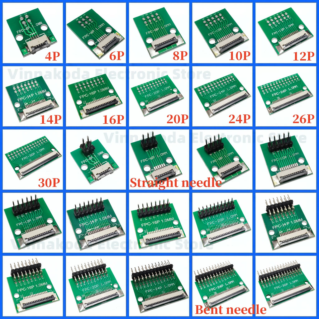 FFC/FPC Adapter Board with Soldered 1.0MM Flip Cover Lower Connector Straight or Bent Pins Available, 4/6/8/10/12/14/16/20/30P