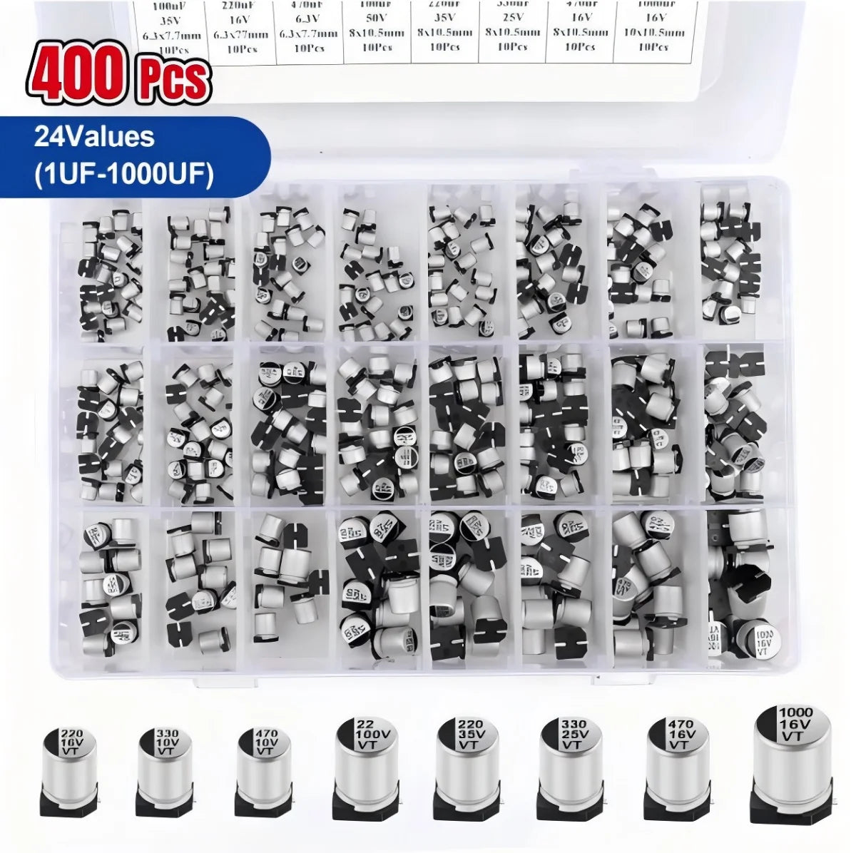 145PCS/400PCS capacitor kit Aluminum Electrolytic SMD  condensadores electrolíticos 1uF~1000uF 6.3V-50V 10/24Value with box kit