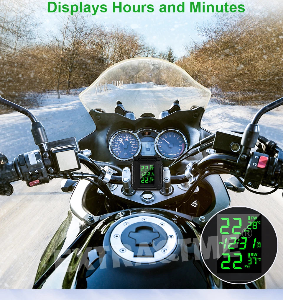 Extractme Tire Pressure Monitoring System Colorful Display Wireless TPMS Motorcycle Solar Charge Tyre Temperature Alarm Sensor