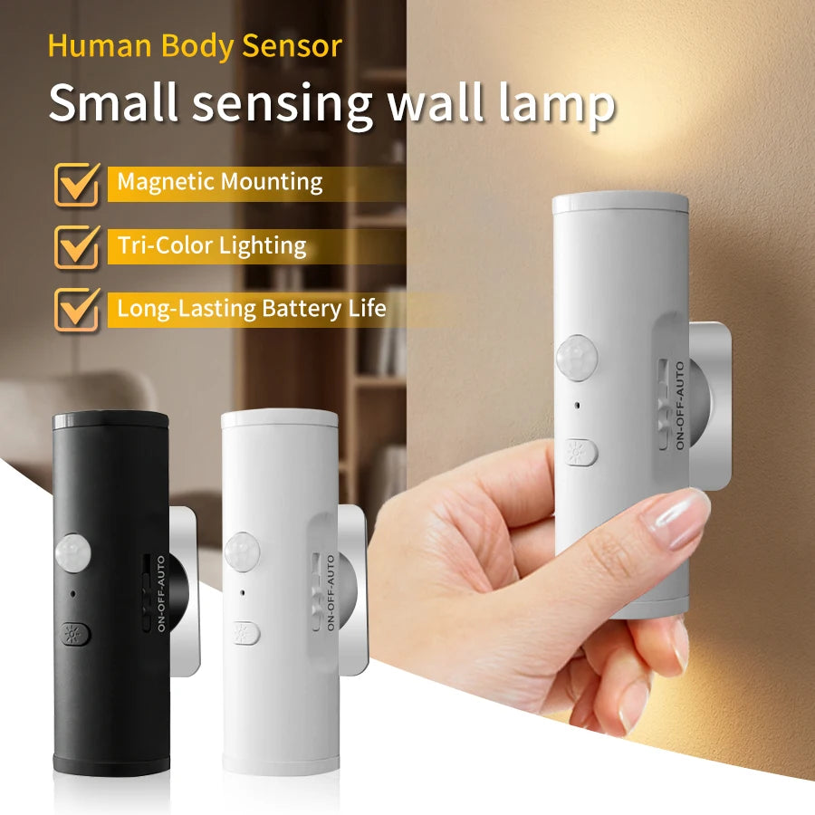 Rechargeable Motion Sensor LED Night Light Double Head Magnetic 3 Color Wall Lamp USB Charging for Closet Stairs Hallway Kitchen
