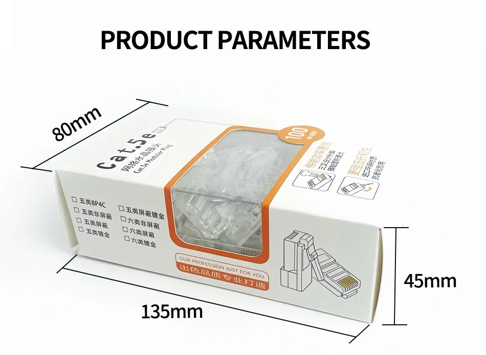 100Pcs Ethernet Cable Cat5e RJ45 Plug Connector - Gold Plated, Cat5 Network Crystal Head for Stable Gigabit Ethernet.
