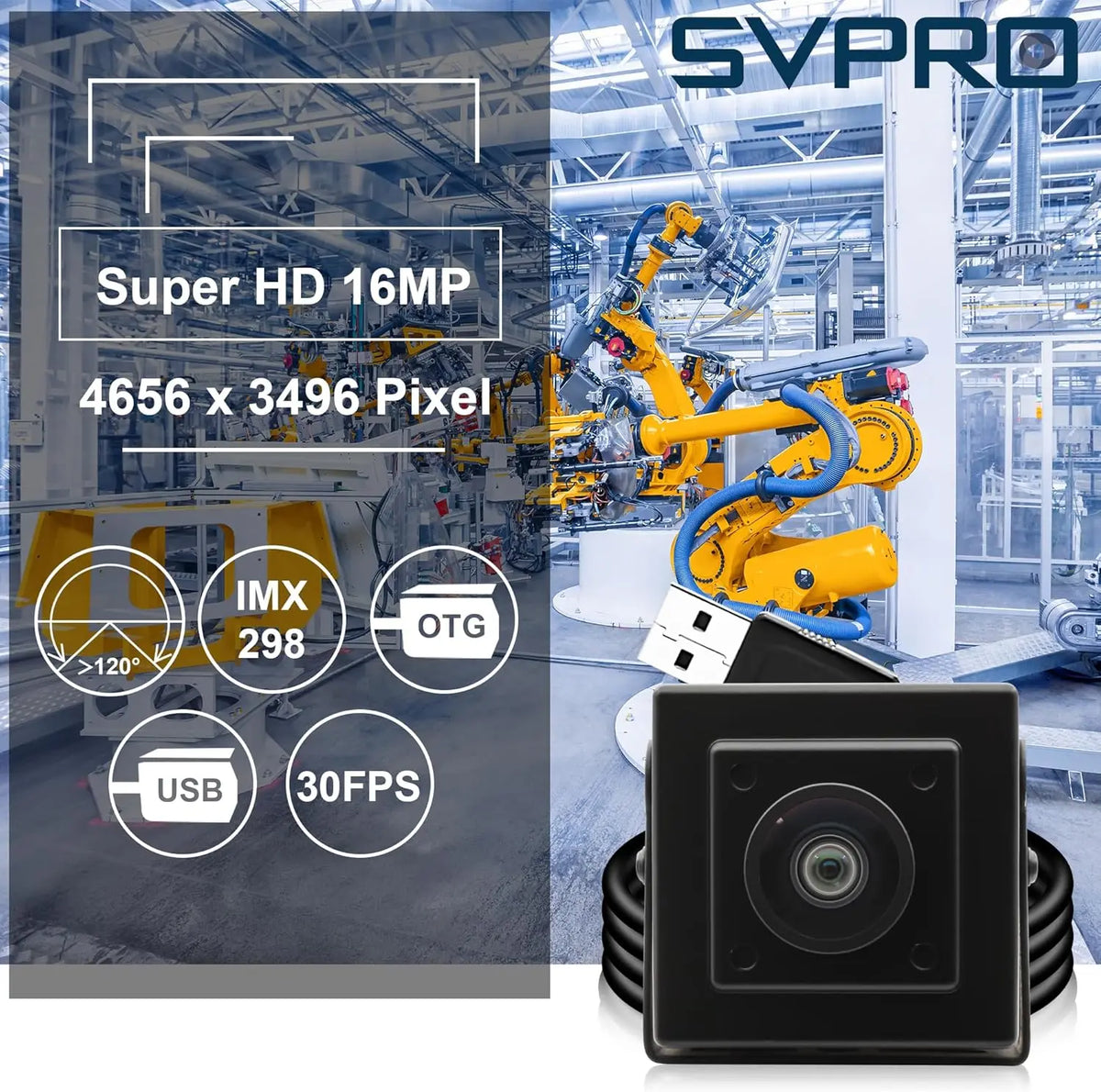 ELP 16MP USB Camera 120 Degree Wide Angle USB Camera IMX298 Sensor Streaming Webcam Plug & Play for Machine Vision