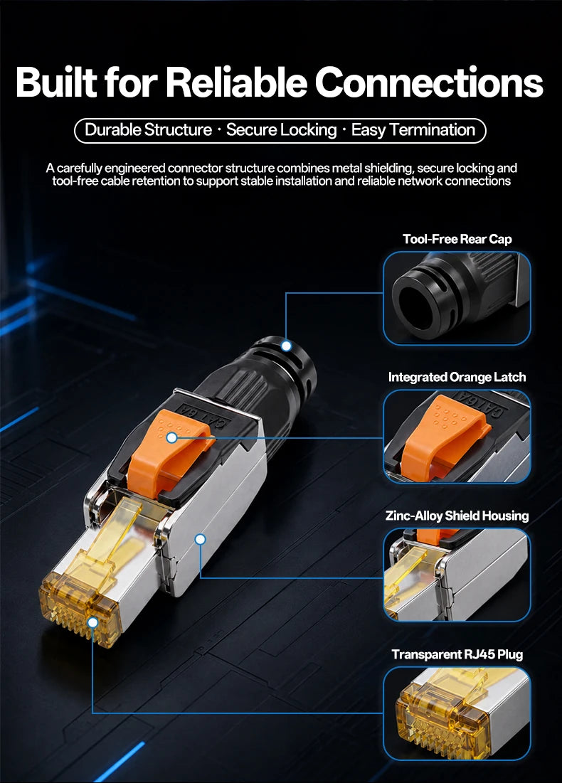 BYXGD CAT6A Tool‑Free Shielded RJ45 Connector 10Gbps 500MHz Reusable STP Ethernet Plug No Crimp Tool for 22‑26AWG Network Cable