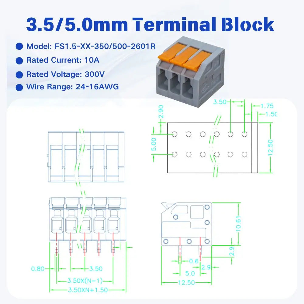 1Pcs PCB terminal block FS1.5 DA803R 2601 1.5 mm² spacing 3.5 or 5.0 mm pitch gray 2601-1102 3 4 5 6