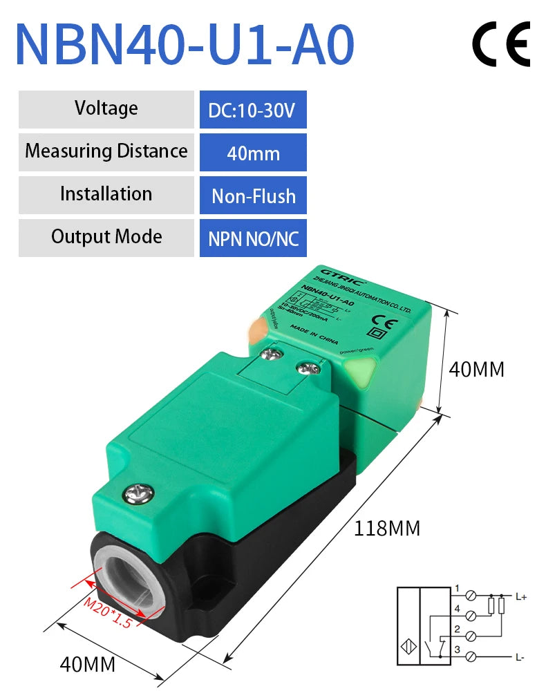 GTRIC Inductive Sensor NBB20/NBN40-U1-A2 Square Proximity Switch  NPN PNP 20MM 40MM Long Distance Metal Proximity Sensor Switch