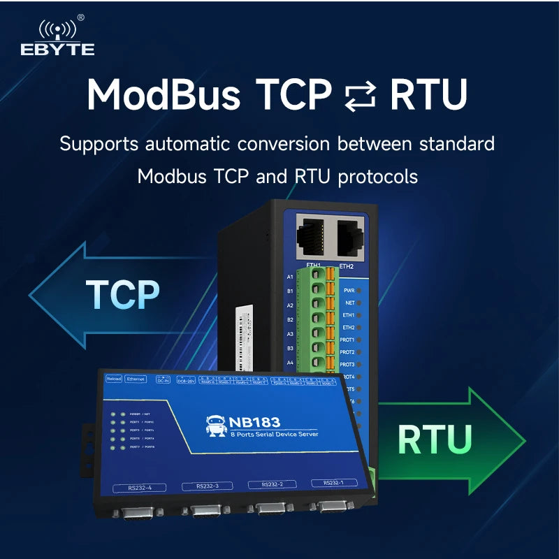 8-Channel Serial Server RS485/232/422 to RJ45 EBYTE NB183-V2 Upgraded Series ModBus RTU to TCP Build-in Watchdog MQTT/HTTP IOT