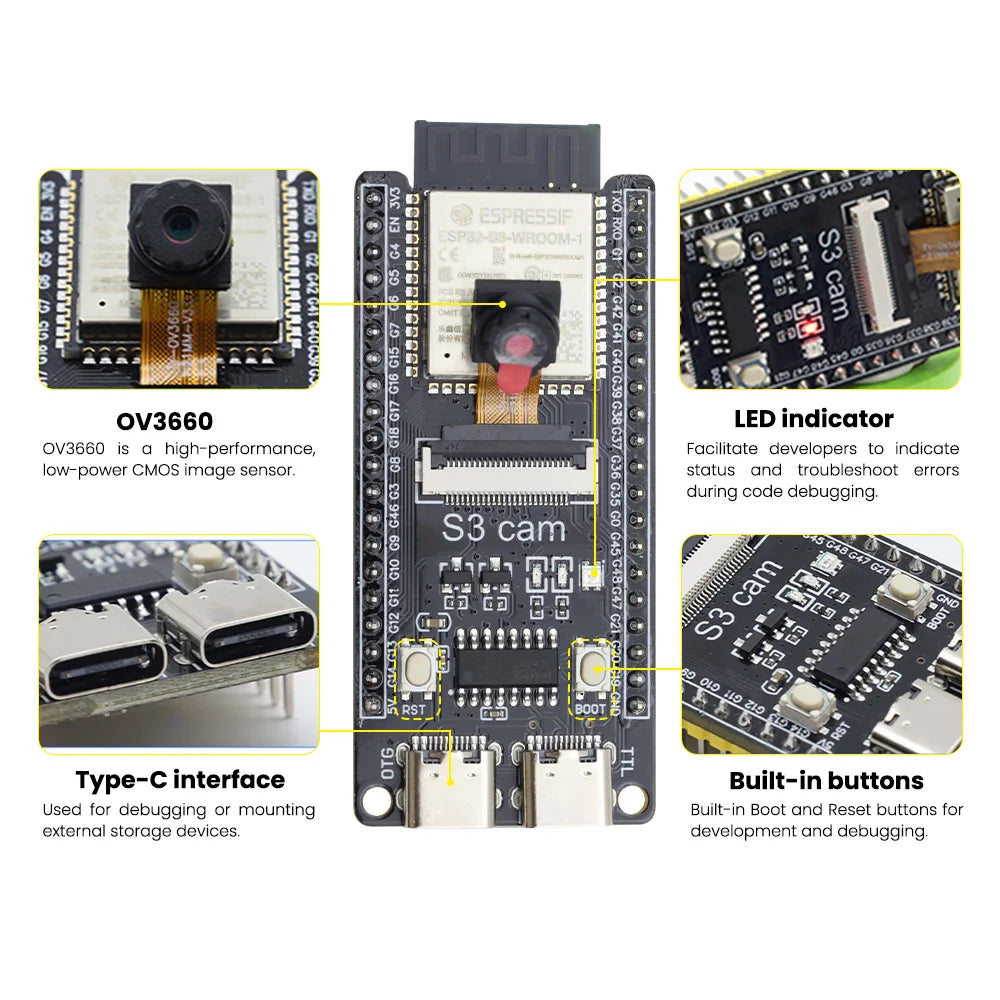 1 Set ESP32-S3 CAM Development Board N16R8+Type C USB Cable with ESP32 S3 Cam Sensor Shield for Arduino ESP32 S3 IDE Programming