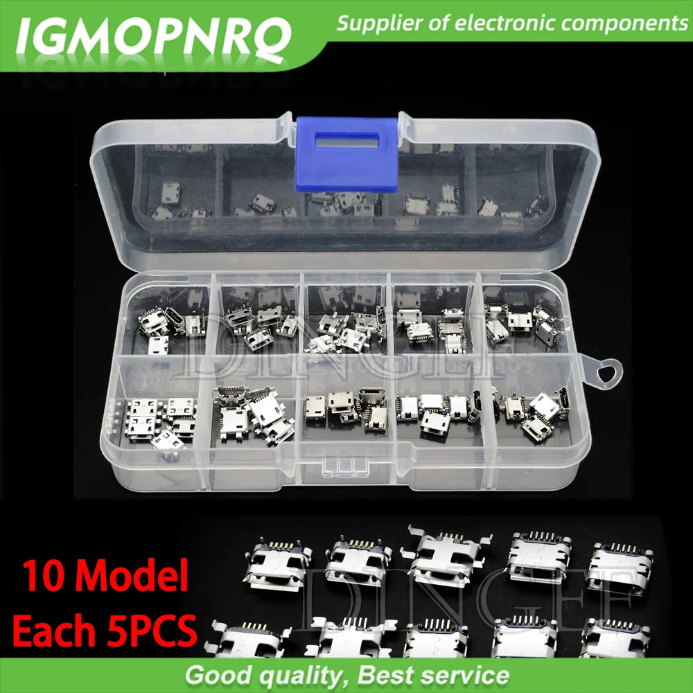 10 Types Each 5PCS Micro USB Female 4/5PIN DIP Type B SMT USB Connectors Jack Tail Sockect Plug Terminals For Diy repair MP3/4/5